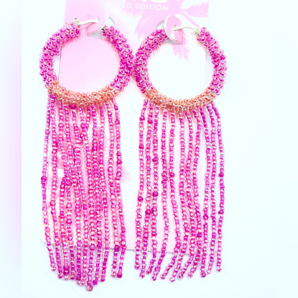 NWT Barbie core pink beaded fringe hoop Earrings